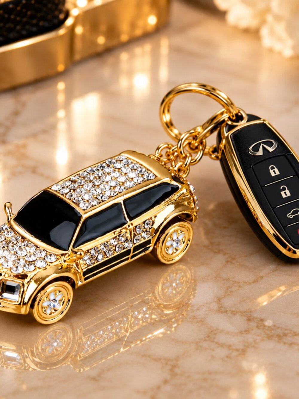 Rhinestone Gold SUV Bag Charm Keychain Crystal Purse Accessory Luxury Car Charm - Picture 3 of 9